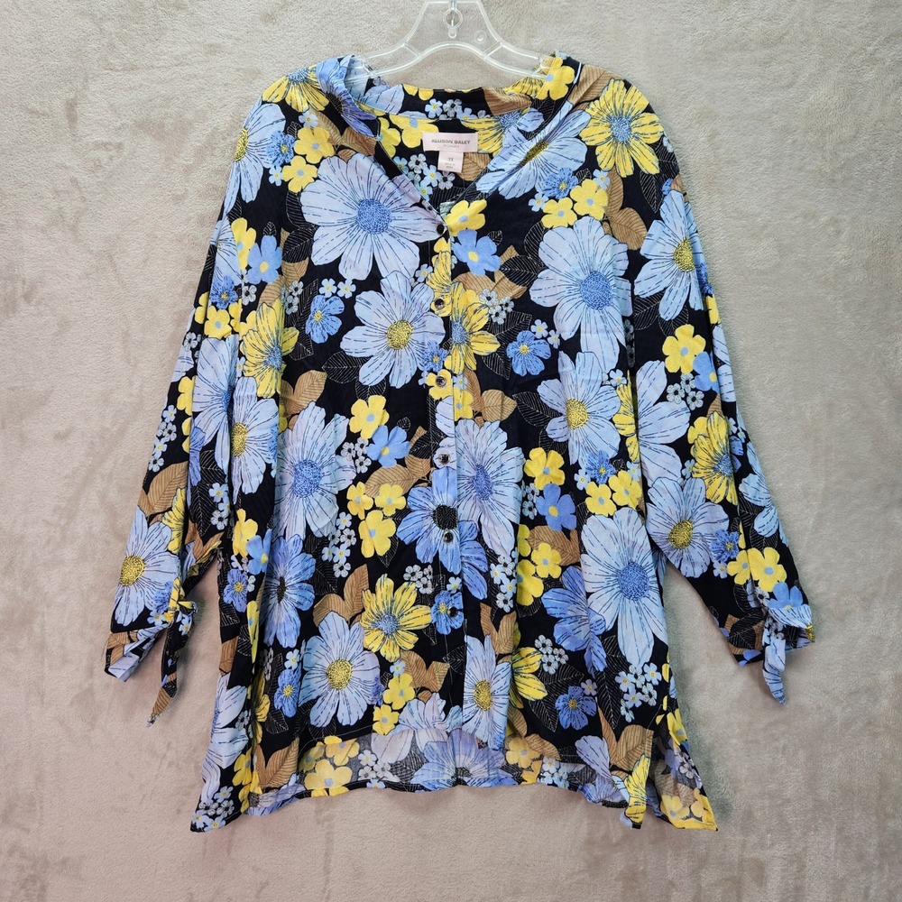 Allison Daley Tunic Womens Plus‎ 3X Blue Floral Button Front Long Sleeve Office
